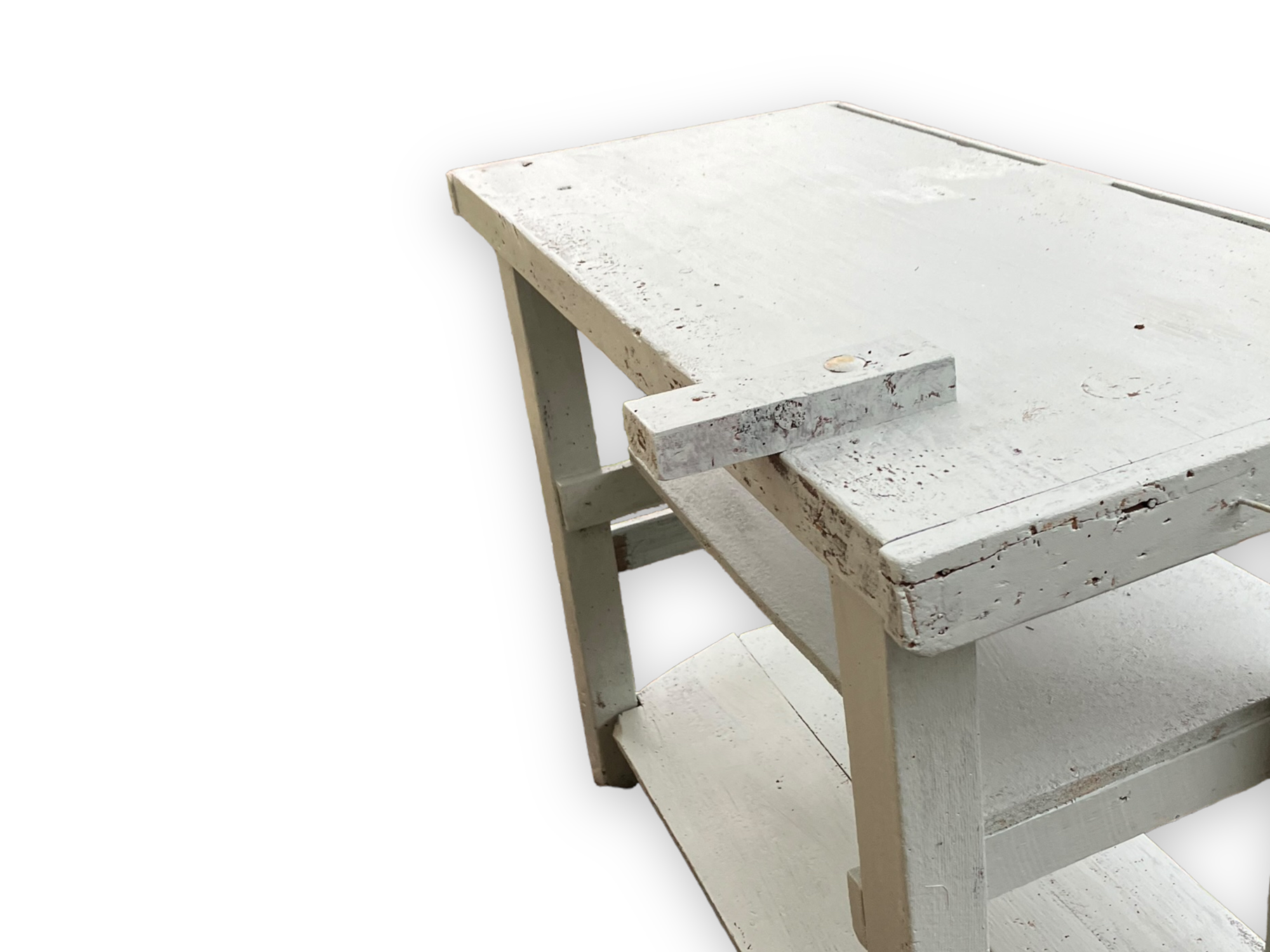 Light blue painted wooden workbench