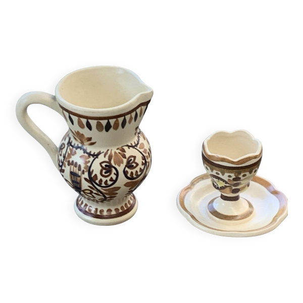 Coquetier et pichet en ceramique emaillée artisanal, peint a la main brehat