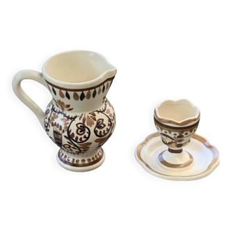 Coquetier et pichet en ceramique emaillée artisanal, peint a la main brehat