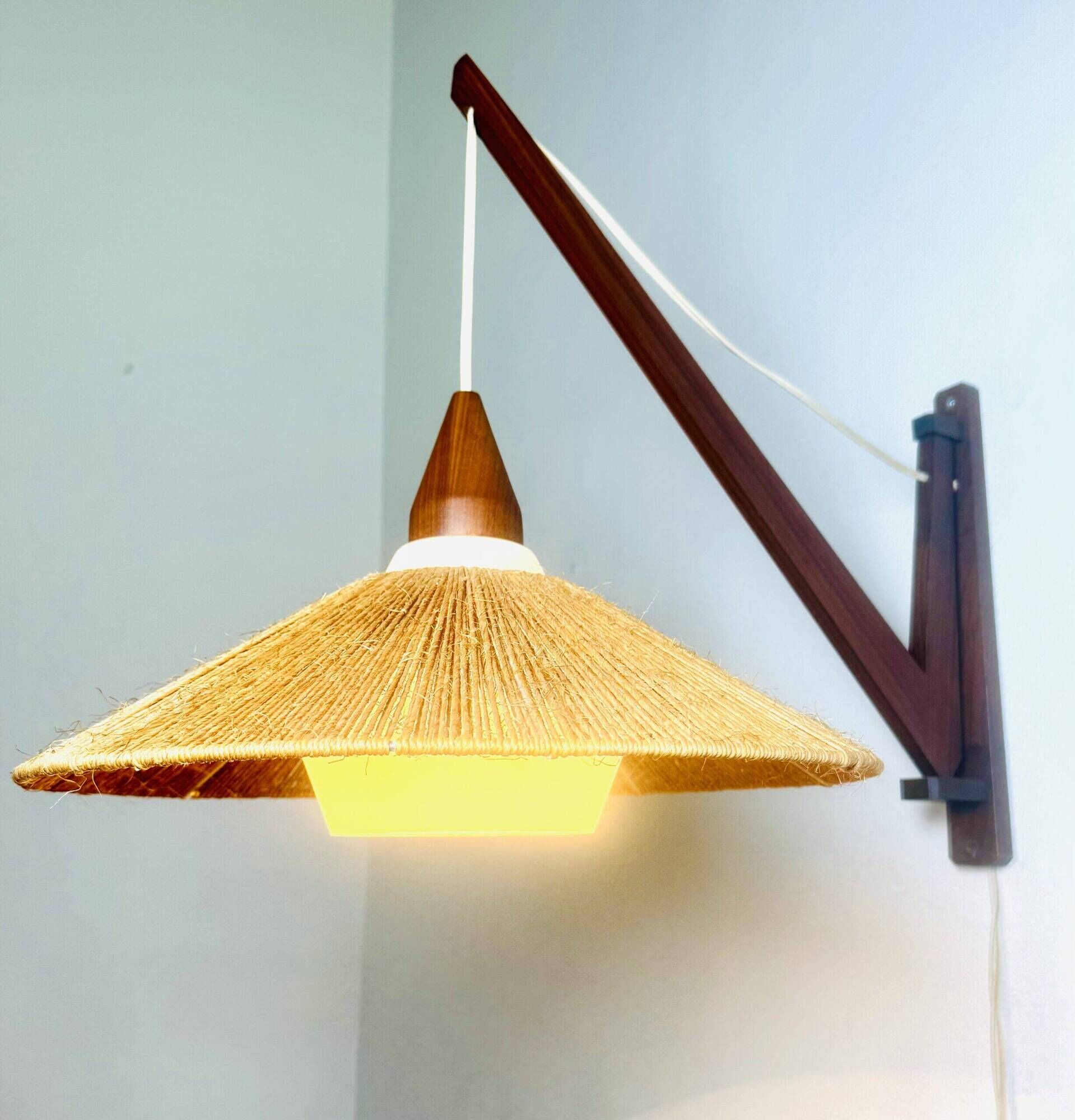 Wood And Sisal Wall Lamp By E.R. Nele For Temde Leuchten, Germany/Switzerland 1960S