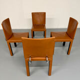 4 camel leather chairs, postmodern design by Paolo Piva for B&B Italia Arcadia.