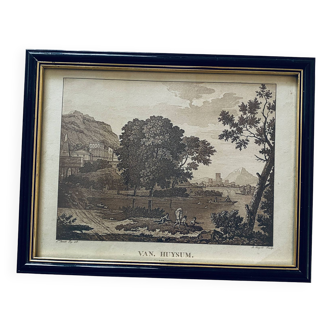 19th century engraving, landscape and naked bathers, glazed wooden frame