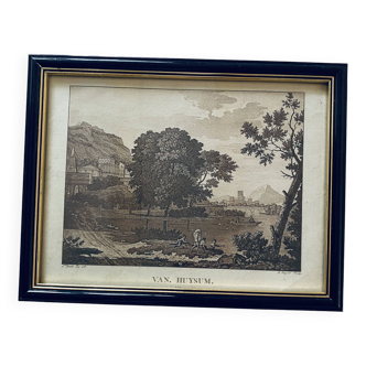 Gravure 19e, paysage et baigneurs nus, cadre bois vitré