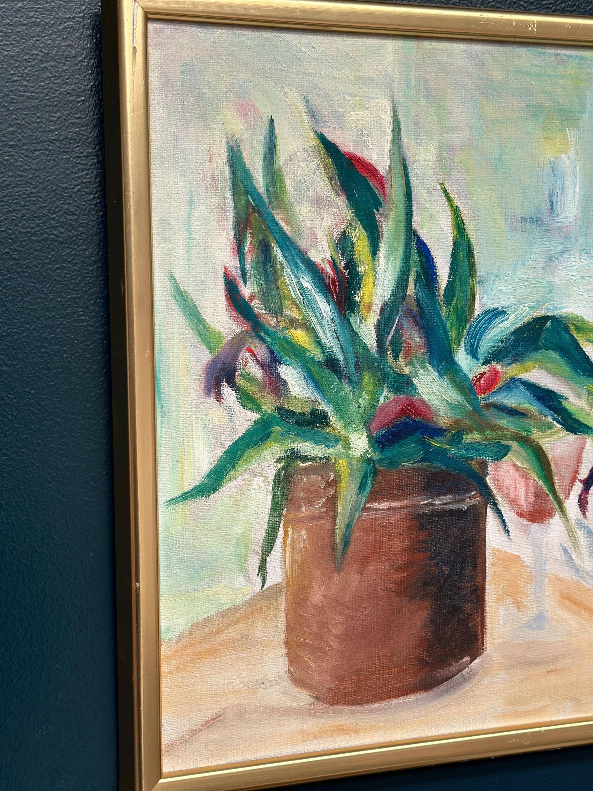 Original Swedish Oil On Canvas – “Vase With Plant” – Vintage & Framed – 34 × 45 Cm