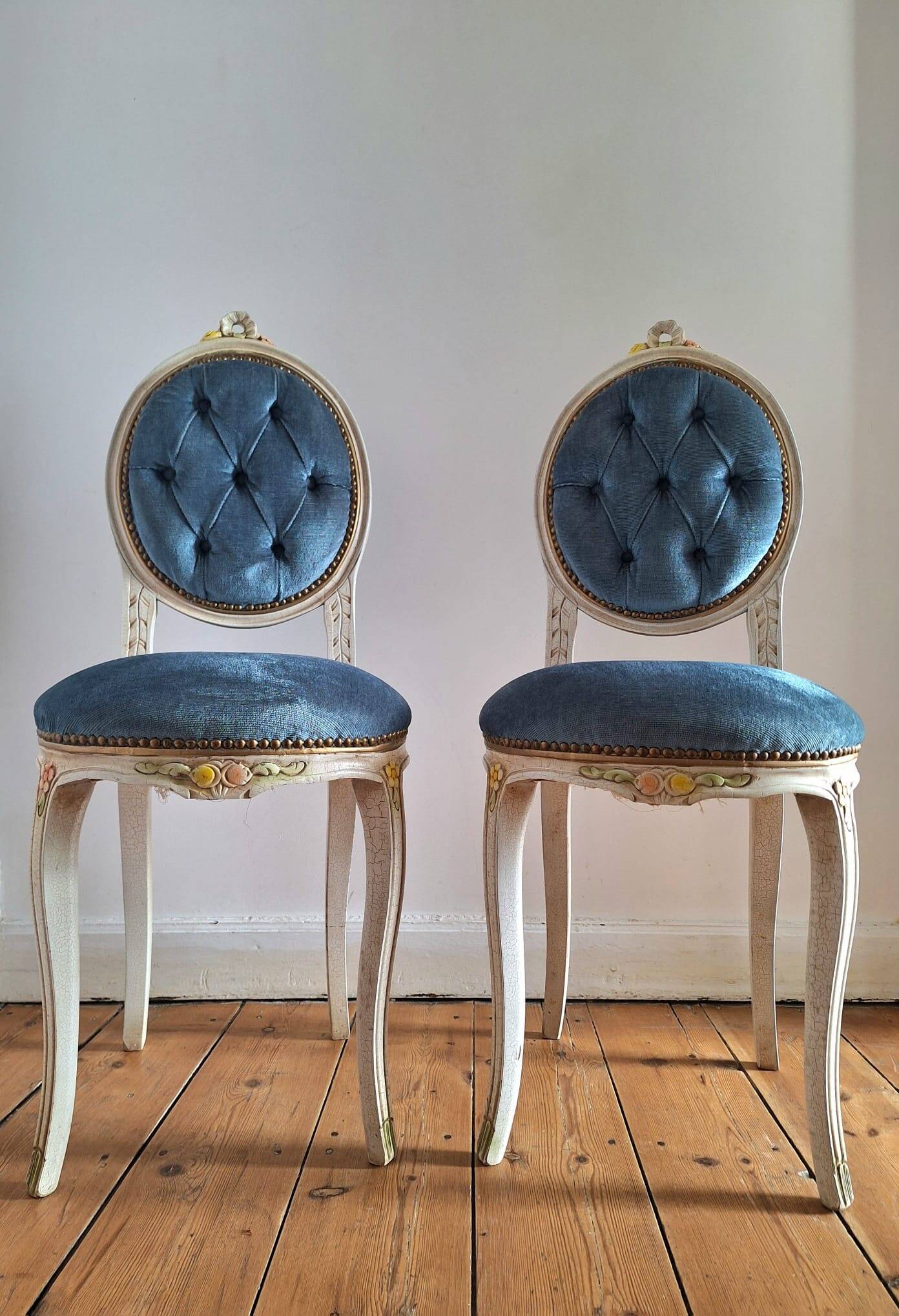 Pair of antique medallion chairs, boudoir seats in Louis XV style.