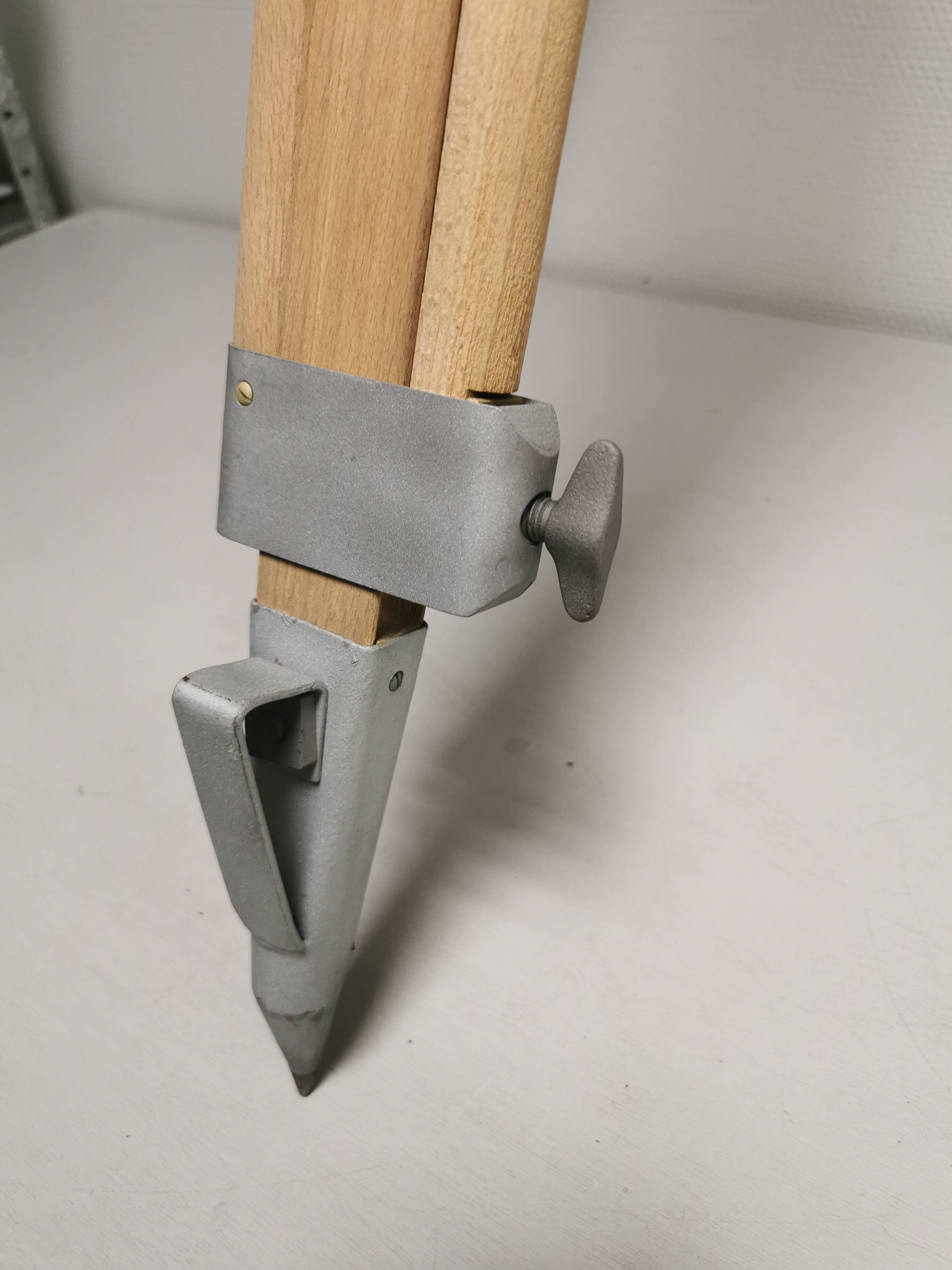Raw / stripped wooden tripod, vintage industrial lamp base