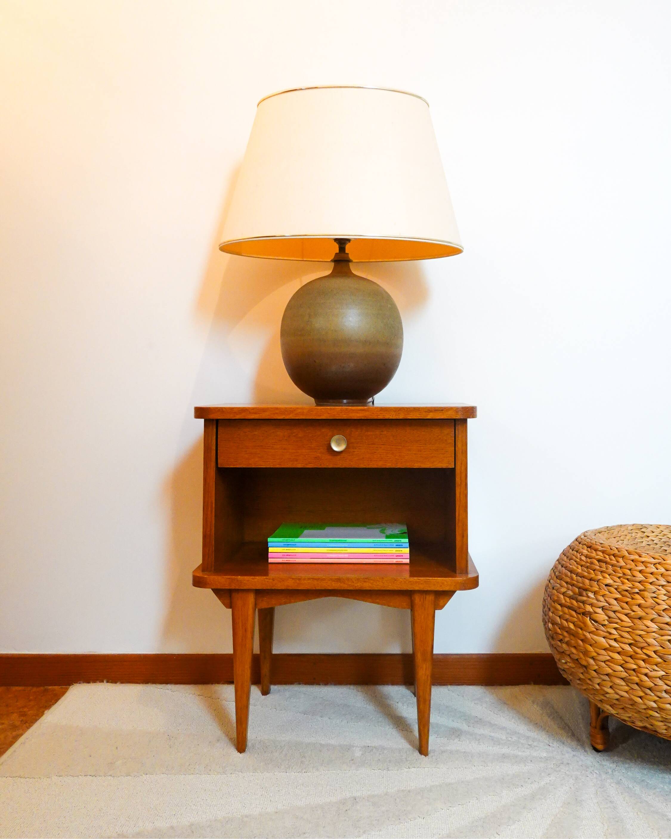 Scandinavian bedside table with compass legs in oak from the 50s and 60s