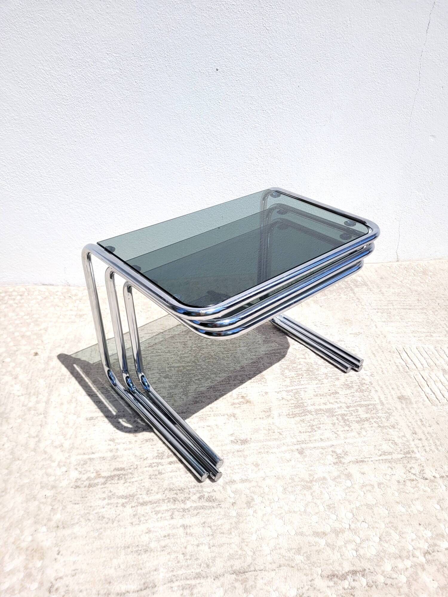 Vintage nesting coffee tables in chrome and smoked glass