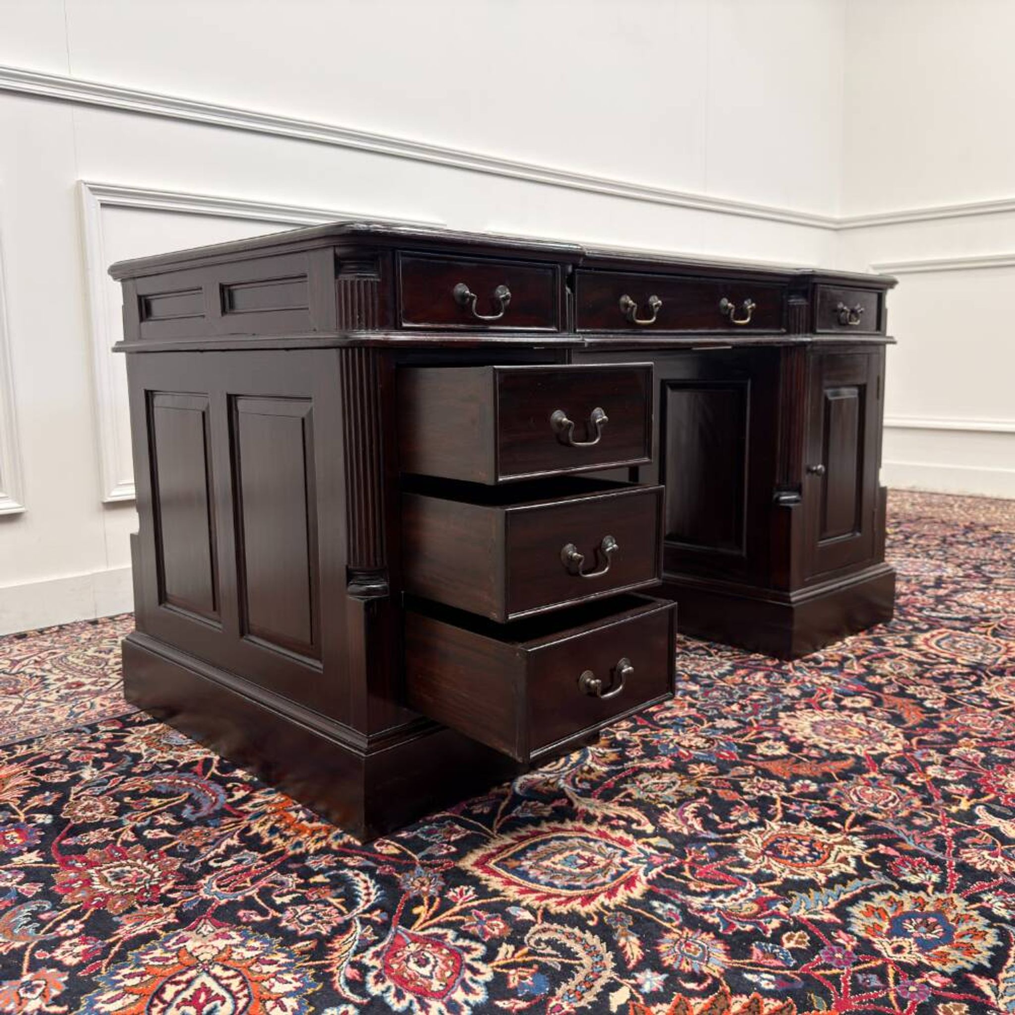 Classic English Desk Green Leather Inlay