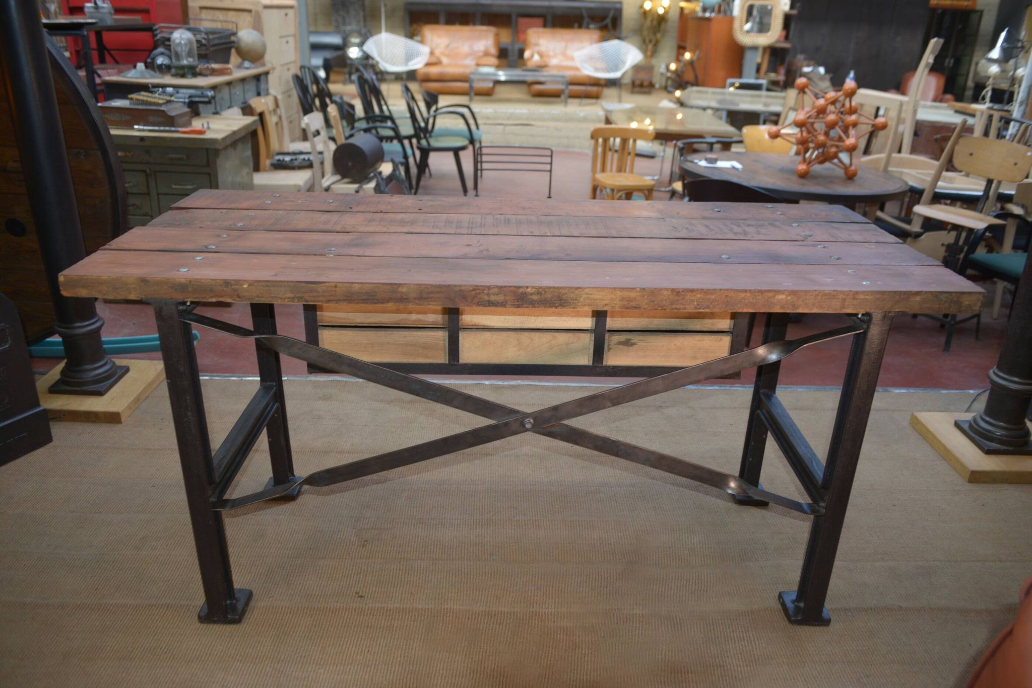 factory workbench in cast iron and wood 1930 with 9 drawers