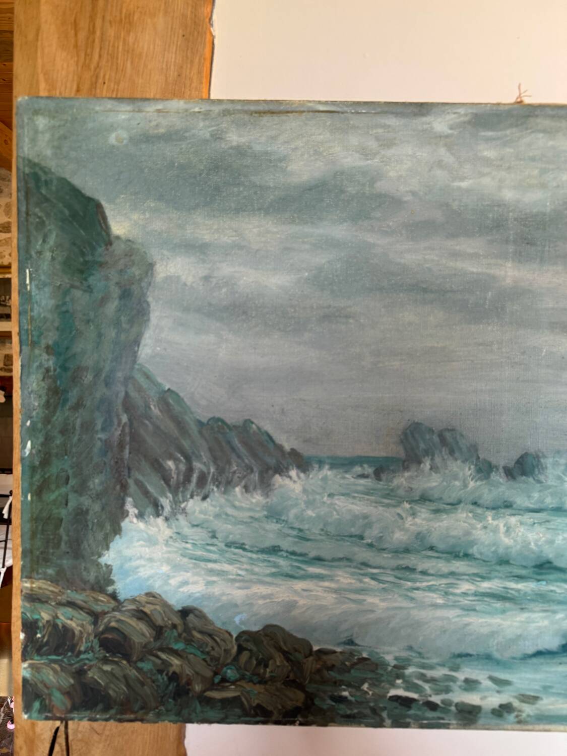 Ancient table, marine landscape, signed 20th century.
