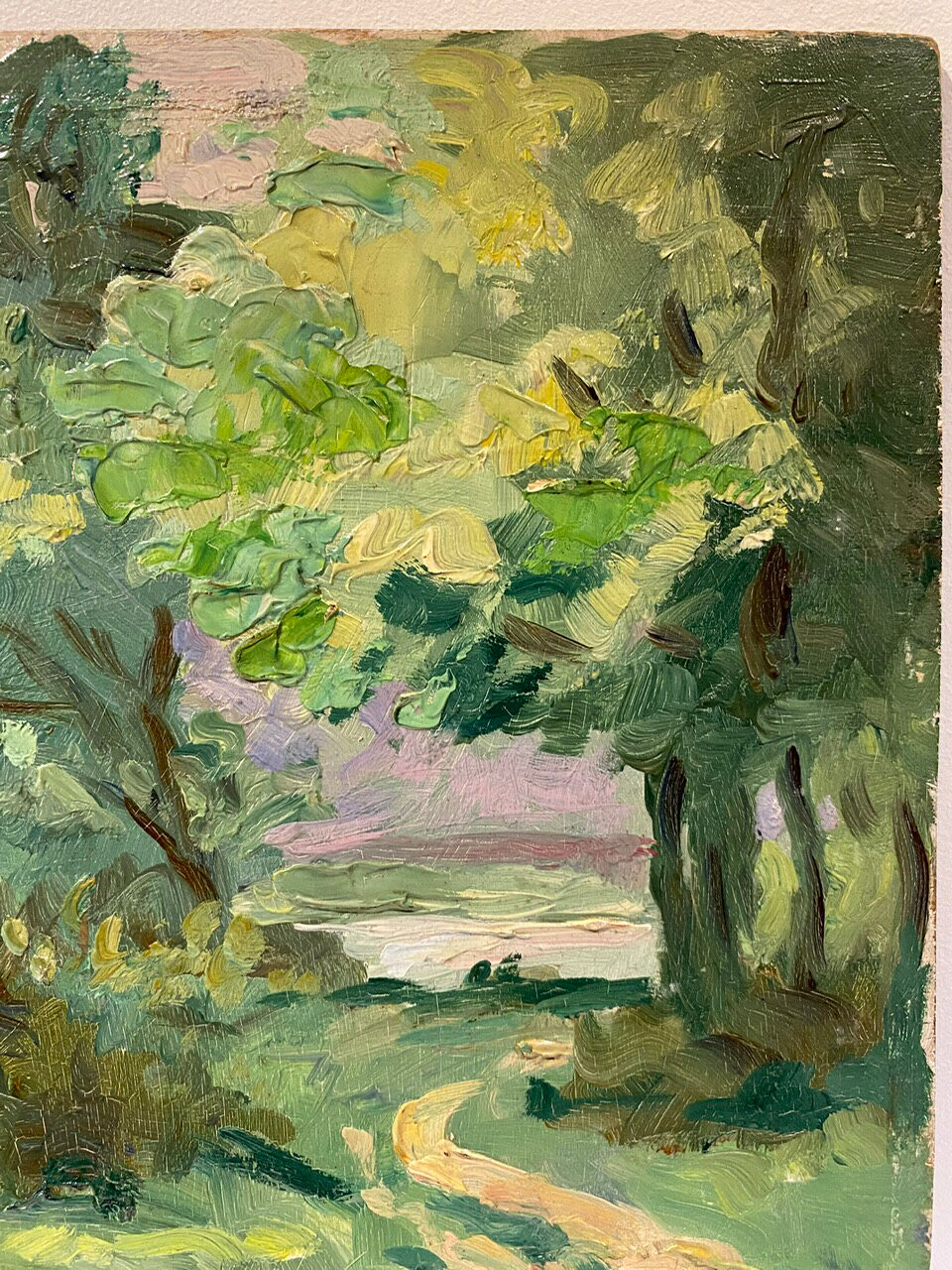 Tableau ancien, paysage, bord de rivière, années 50/60