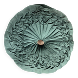 Coussin rond plissé main vert vintage
