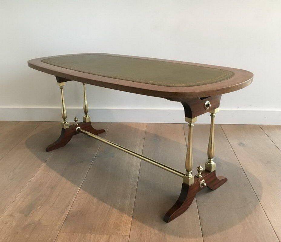 Neoclassical coffee table in wood, brass and leather