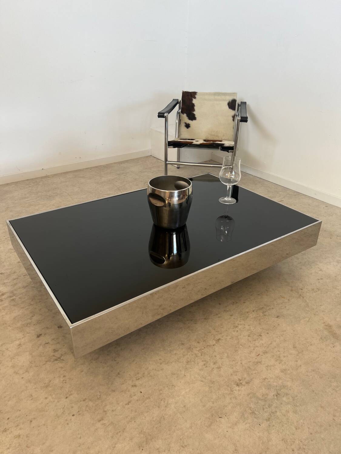 Old glass and chrome coffee table Italian design from the 70s vintage