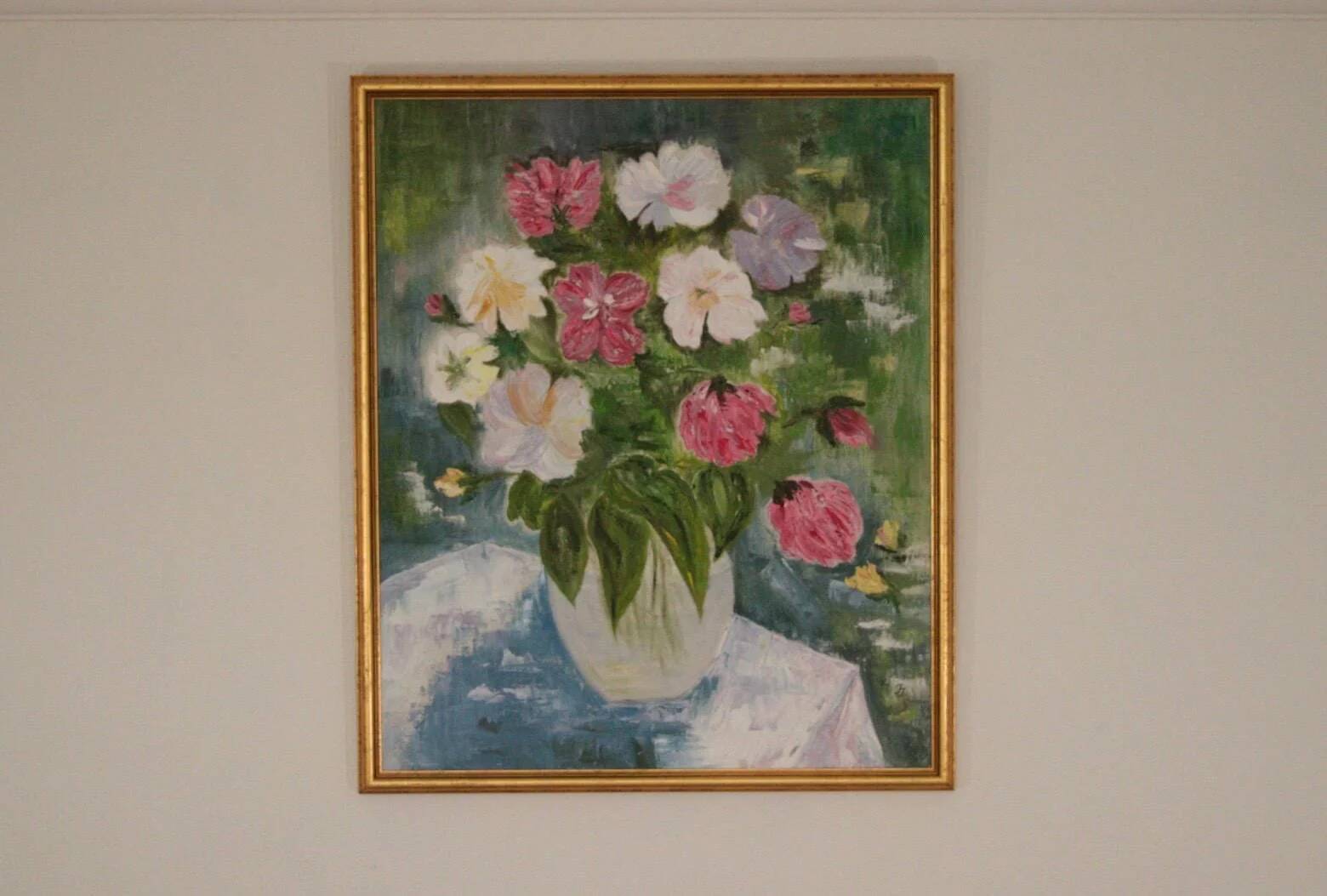 Original Oil on Canvas – “Large Bouquet” by JJ – Signed, Framed 65 × 77 cm