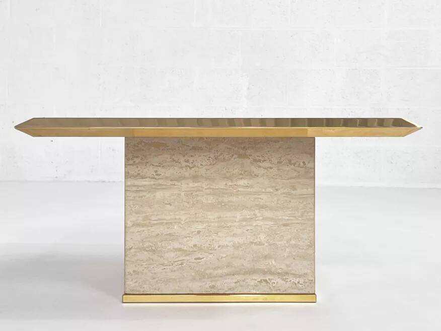 Square coffee table from the 70s in travertine and brass.