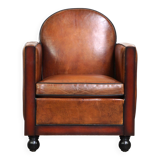 Sheepskin Art Deco design armchair with wood and beautiful cognac-colored leather