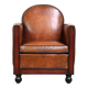 Sheepskin Art Deco design armchair with wood and beautiful cognac-colored leather