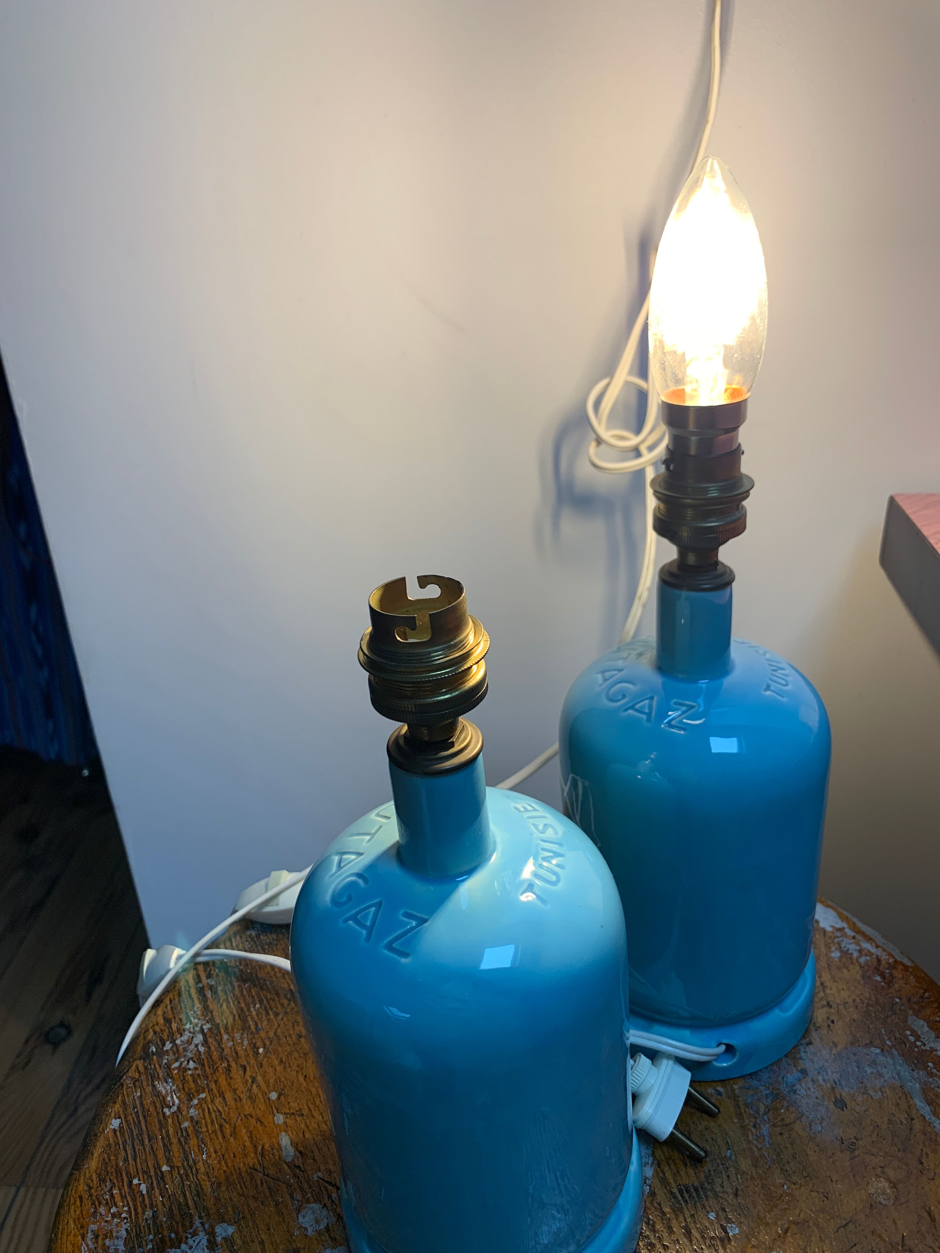 Pair of lamp bases, old ceramic gas bottle
