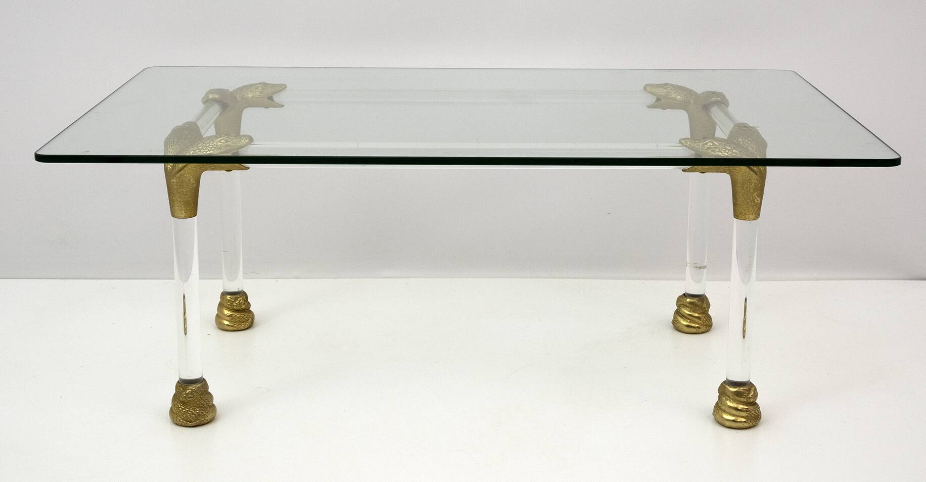 Mid-Century Lucite and Brass Italian Coffee Table with Snake Head Details