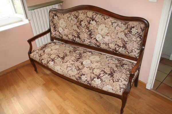 Ancienne banquette provençale tissu cloute & bois massif 3 places