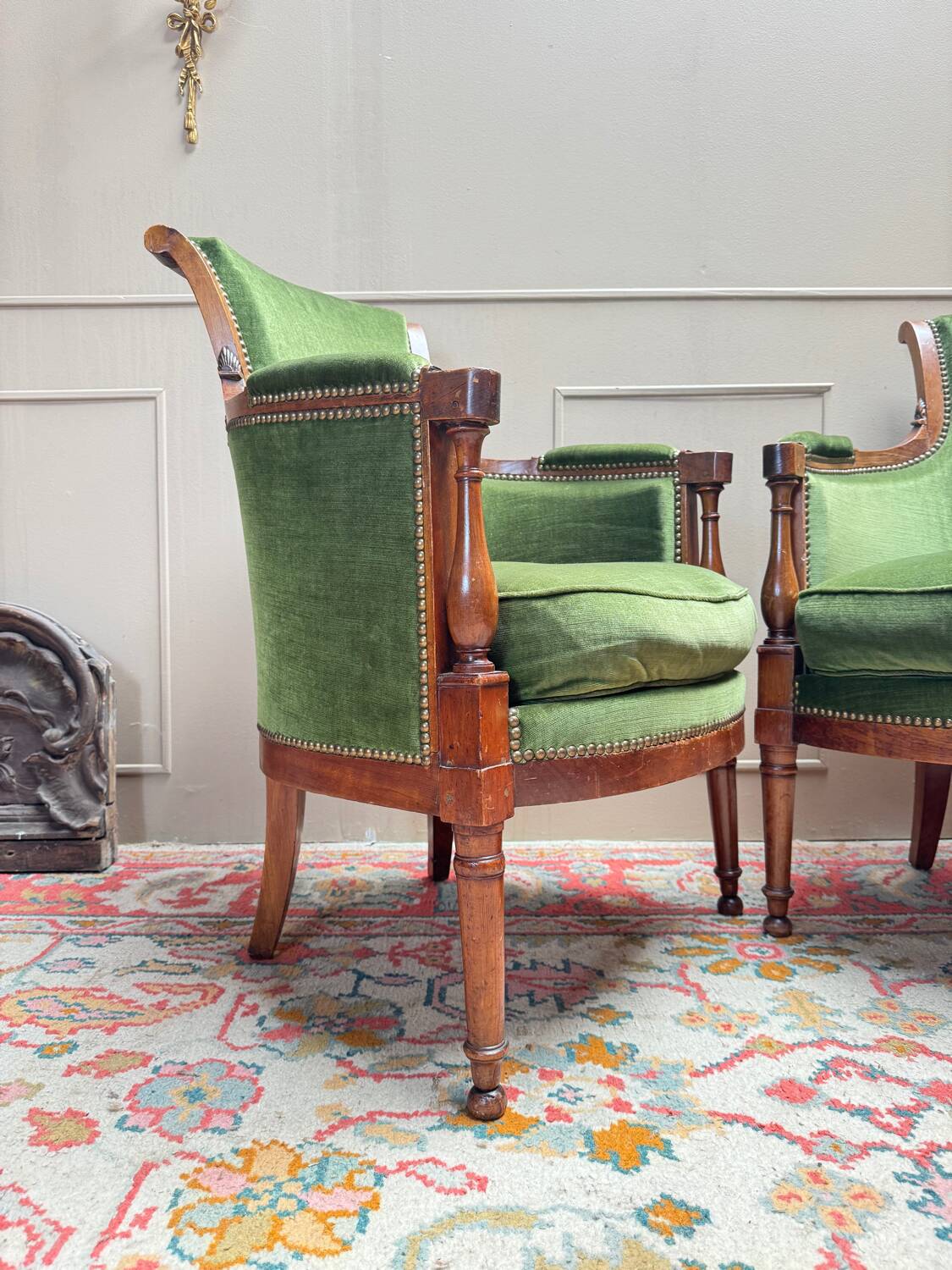 Pair of mahogany cabriolet bergère armchairs from the 18th-century Directoire period.