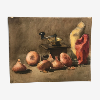 Still life watercolor at the coffee mill and onions