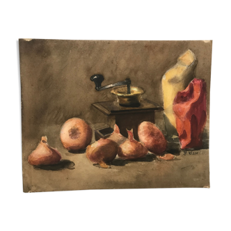Still life watercolor at the coffee mill and onions