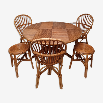Table bambou avec rallonges 3 chaises et 3 tabourets années 60