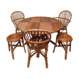 Bamboo table with extensions, 3 chairs and 3 stools from the 60s