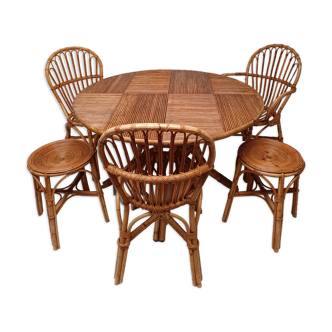 Bamboo table with extensions, 3 chairs and 3 stools from the 60s