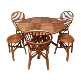 Table bambou avec rallonges 3 chaises et 3 tabourets années 60