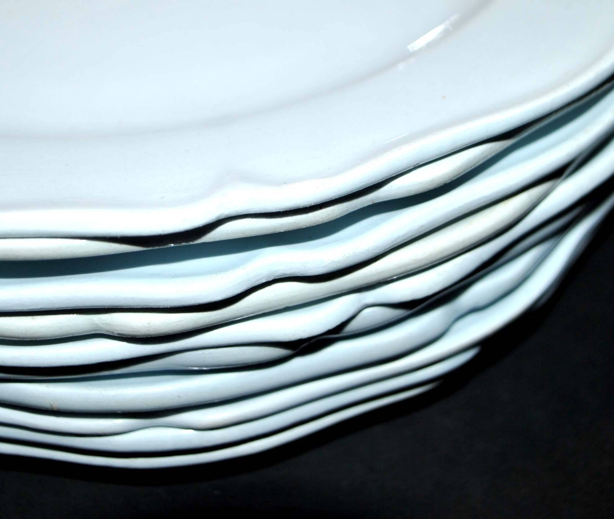 MONTEREAU Set of 12 old scalloped flat plates Pastel blue opaque earthenware 1820-30
