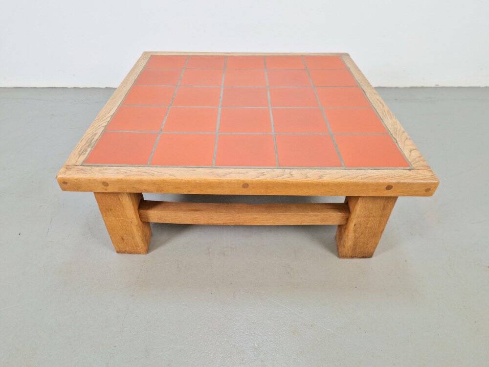 Brutalist Oak Coffee Table with Terracotta Tiles, 1950s