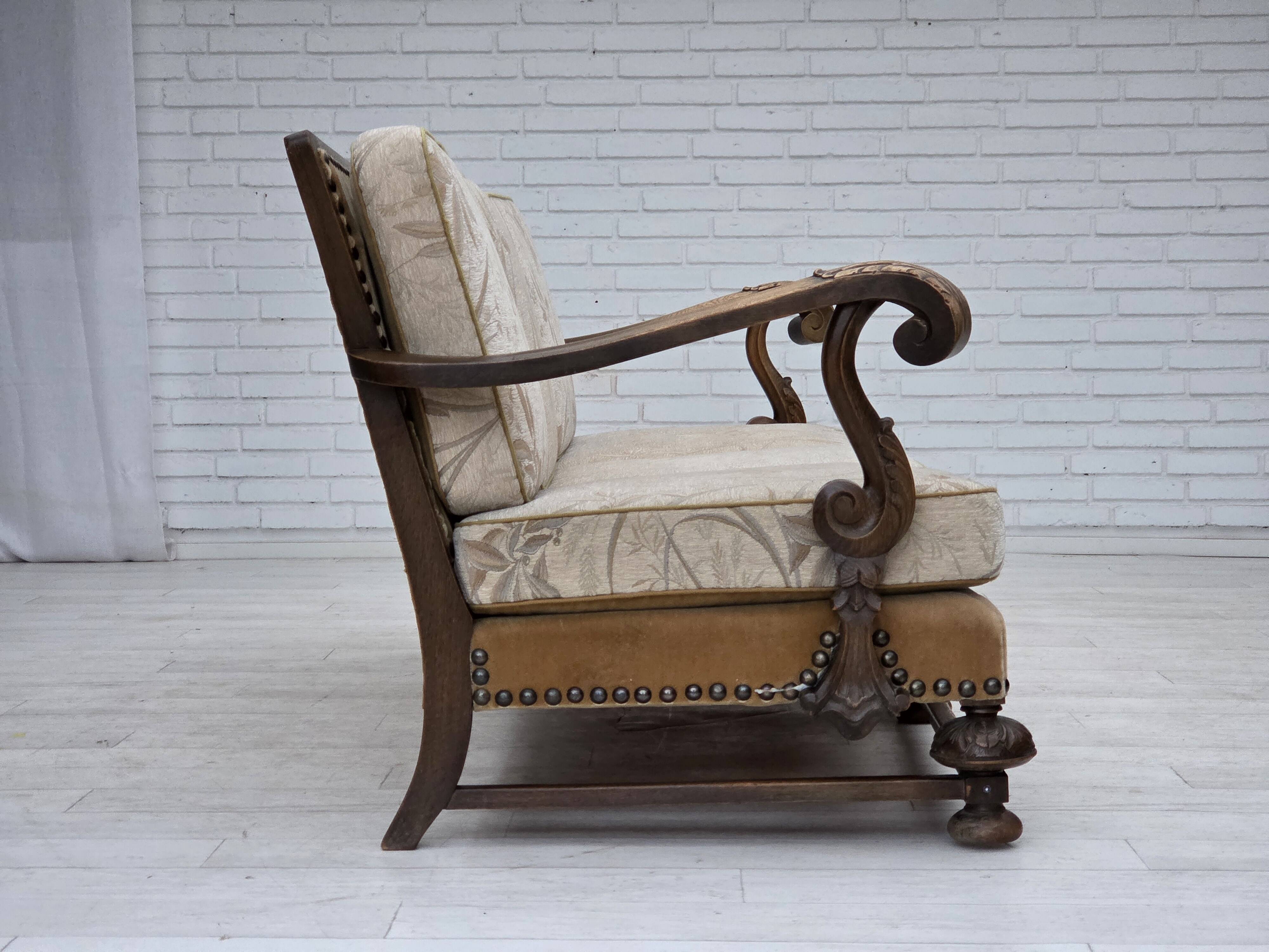 1960s, Danish 3-seater sofa, beige/brown furniture fabric, carved oak wood.