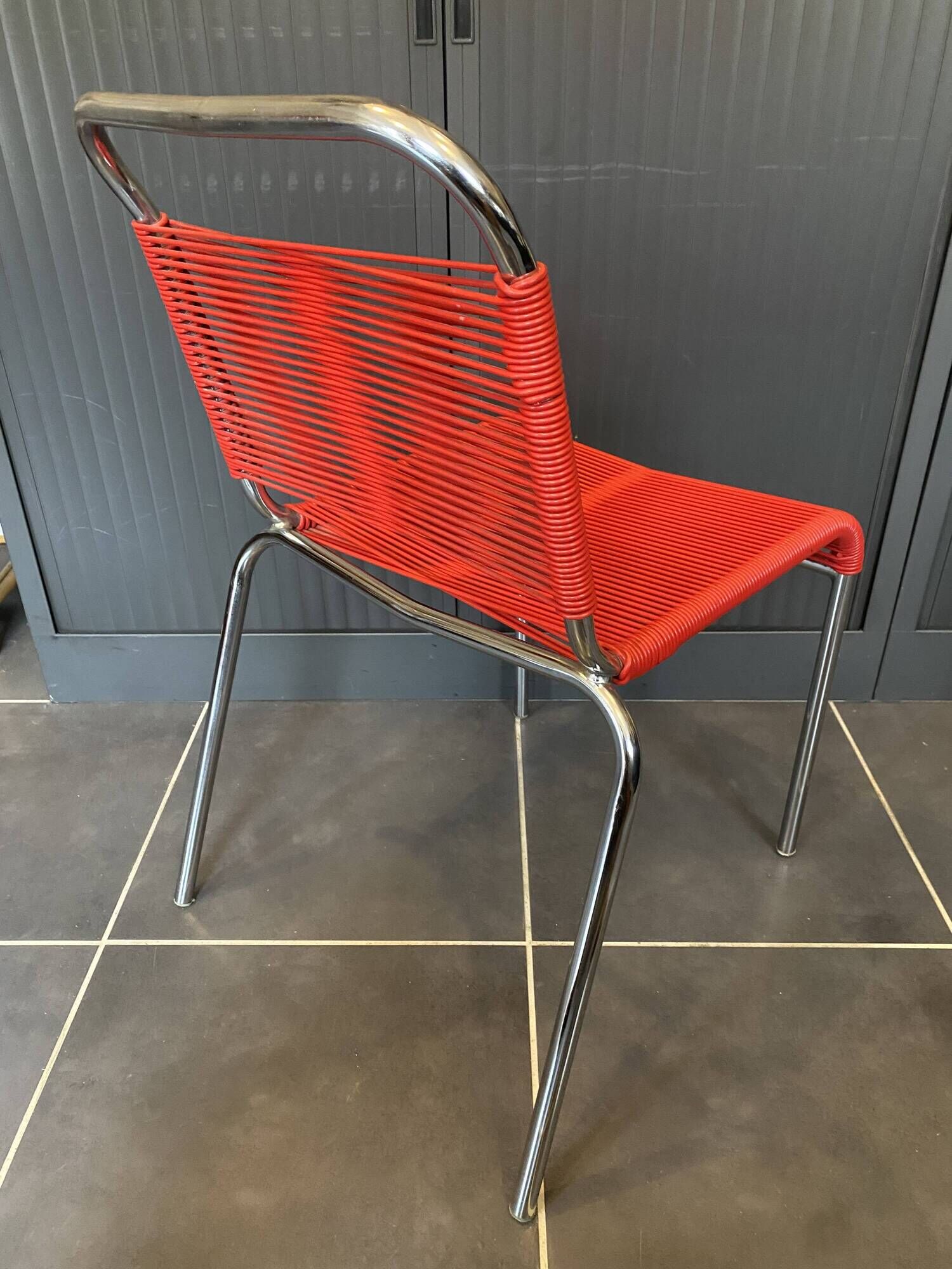 Scoubidou chair or vintage 1960 red chrome spaghetti chair