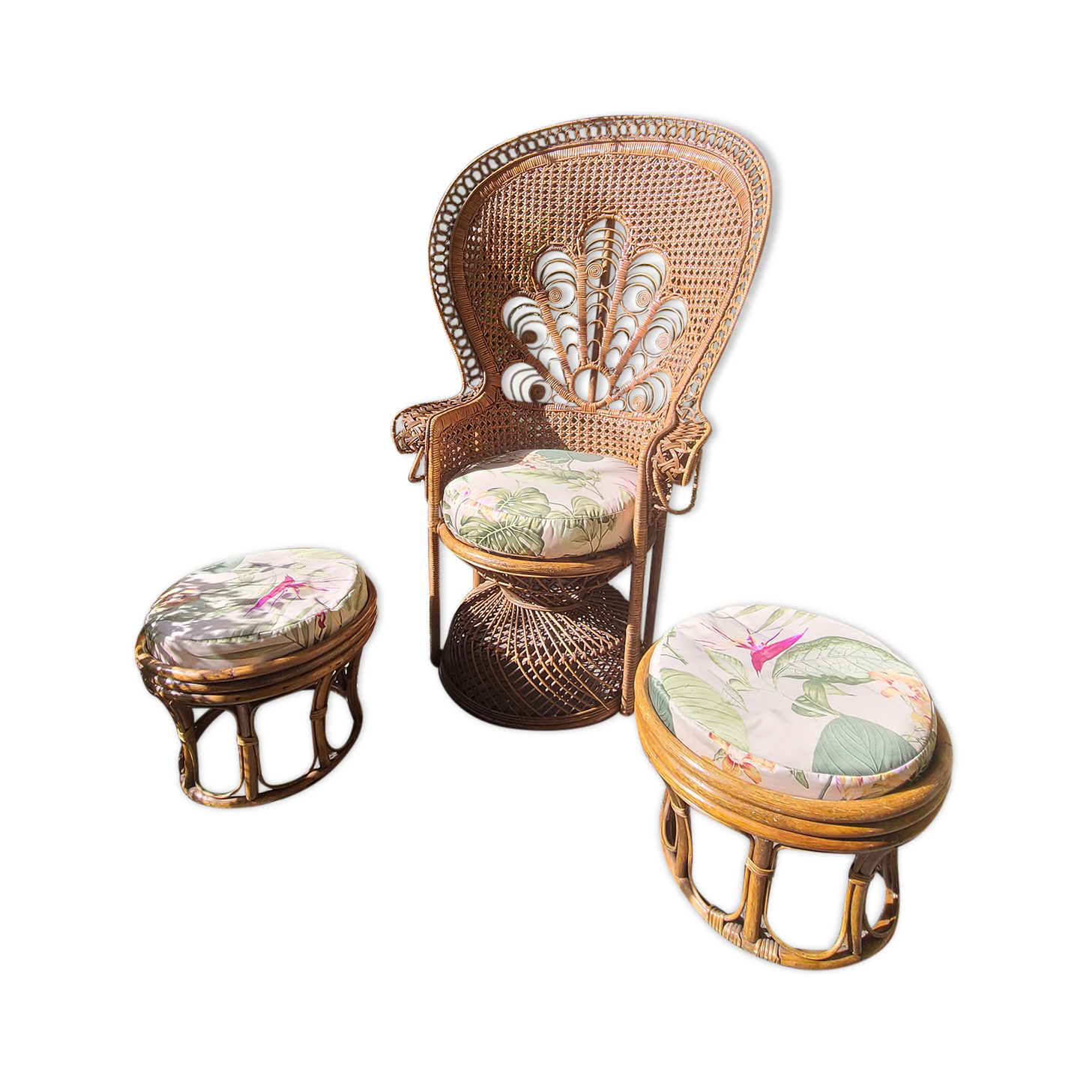 Fauteuil emmanuelle vintage et 2 poufs