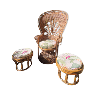 Fauteuil emmanuelle vintage et 2 poufs