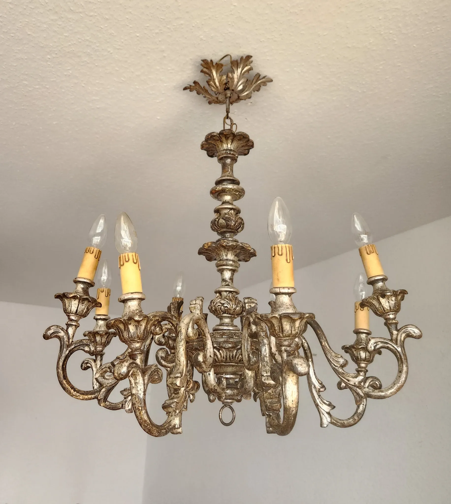 Xl Large Vintage Regency Mid Century Louis XV Baroque Rococo Hand Painted Carved Wood 8 Light Chandelier Floral, Italy, Florence 1920 1950
