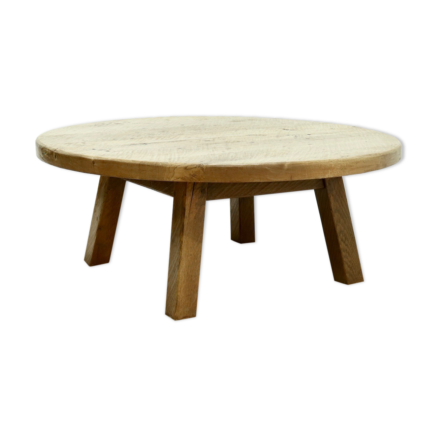 Brutalist Solid Oak Round Coffee Table 1970s