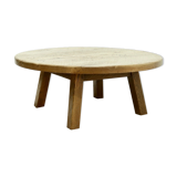 Brutalist Solid Oak Round Coffee Table 1970s