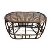 Table basse en rotin foncé plateau tressé vintage années 70