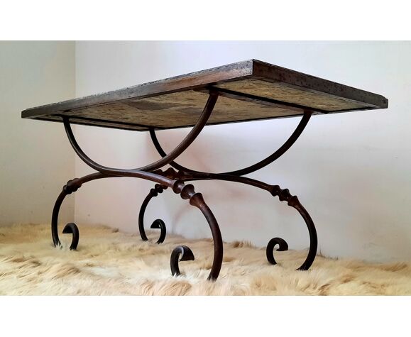 Brutalist coffee table in wrought iron and marble décor Diabolo French work  Vintage of the 50s | Selency
