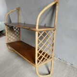 Wall shelf in wood and rattan from the 70s