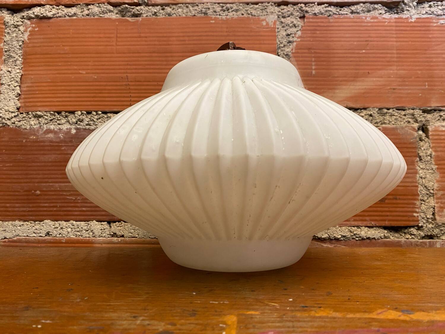 Antique Pendant Lamp Opaline White Saucer Shape Ribbed Vintage