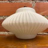Antique Pendant Lamp Opaline White Saucer Shape Ribbed Vintage