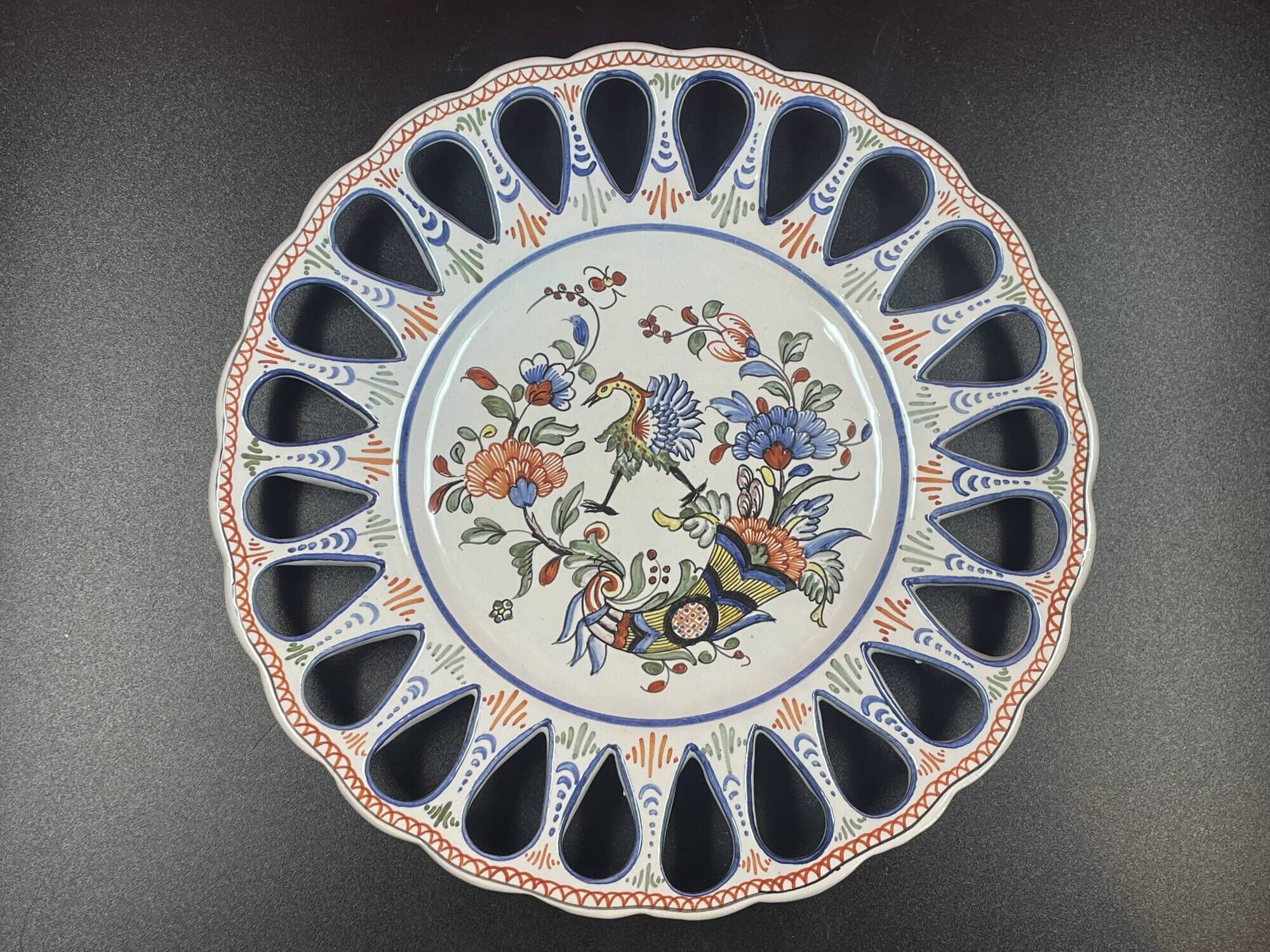 Openwork Dish in Desvres Earthenware, Rouen Cornucopia Flower Decor, 27.5 cm