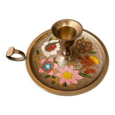 Bougeoir vintage en laiton et peintures florales
