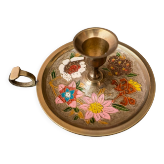 Bougeoir vintage en laiton et peintures florales
